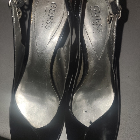 Black pleather slingback peeptoe heels - Picture 8 of 13